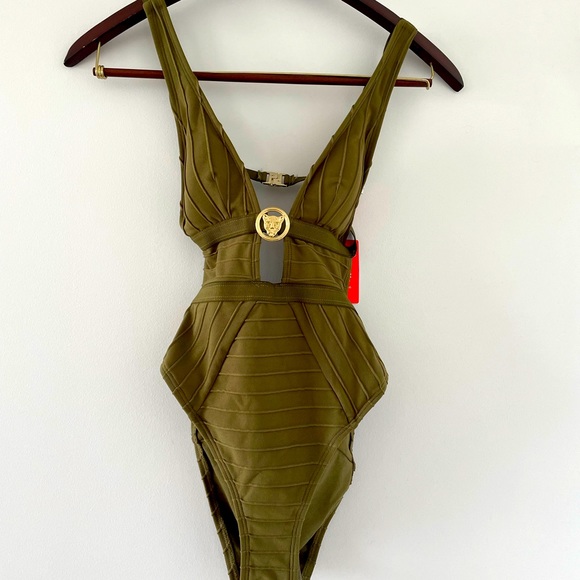 River Island Ribbed Plunge One-Piece in Khaki - Picture 1 of 8